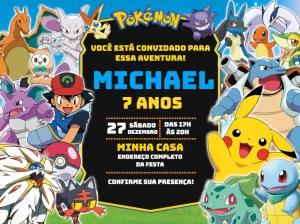 Convite Aniversário Pokémon com Personagens para Editar Online