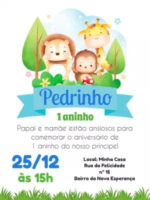 Convite Aniversário Safari com Animais Fofos para Editar Online