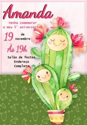 Convite de Aniversário Cactos Fofos para Editar Online