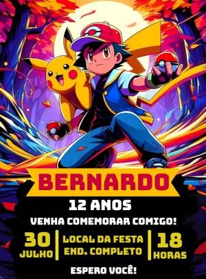 Convite Aniversário Pokémon com Ash e Pikachu para Editar Online