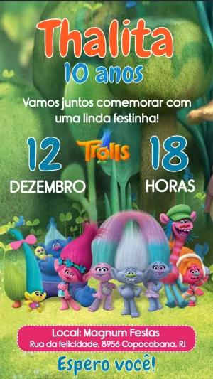 Convite de Aniversário Trolls com Personagens para Editar Online