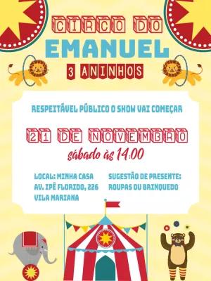 Convite de Aniversário Circo com Animais para Editar Online