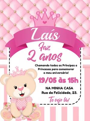 Convite Aniversário Ursinha Princesa Rosa para Editar Online
