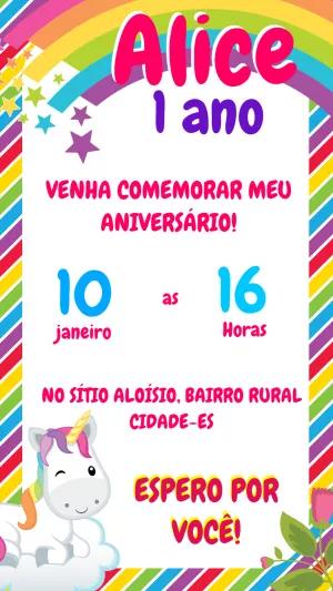 Convite de Aniversário Unicórnio e Arco Íris para Editar Online