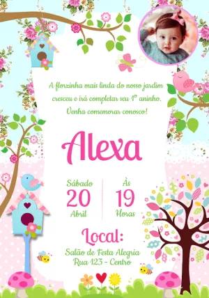 Convite Aniversário Jardim Encantado Rosa com Foto para Editar