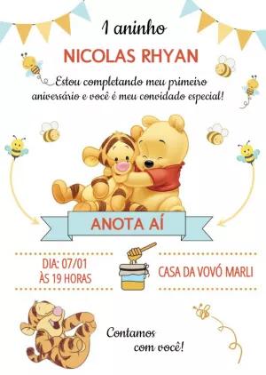 Convite de Aniversário Ursinho Pooh e Amigos para Editar Online
