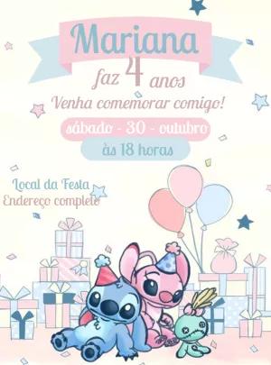 Convite Aniversário Stitch e Angel para Editar Online e Imprimir