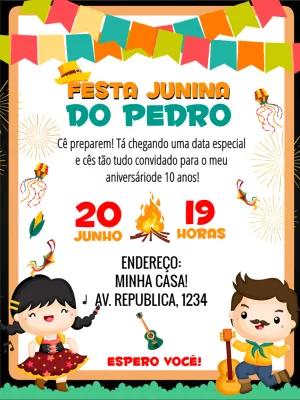 Convite Festa Junina de Aniversário com Personagens para Editar