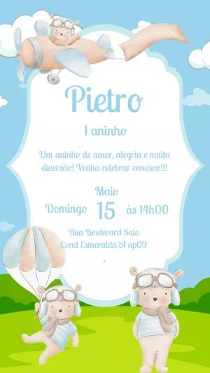 Convite Aniversário Ursinho Aviador para Editar Online