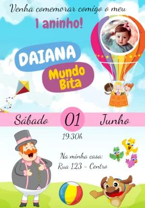 Convite Aniversário Mundo Bita com Foto para Editar Online