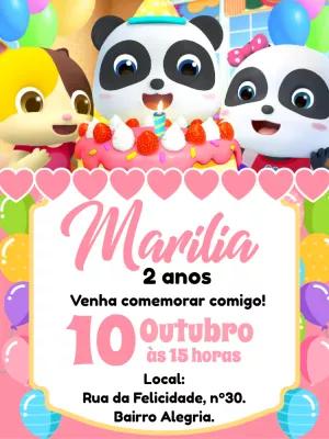 Convite Aniversário Baby Bus com Pandas para Editar Online