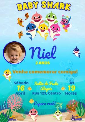 Convite Aniversário Baby Shark com Foto para Editar Online