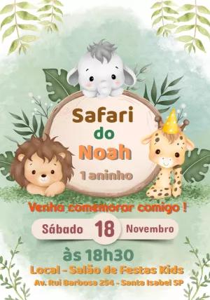 Convite Aniversário Safari com Animais Fofos para Editar Online