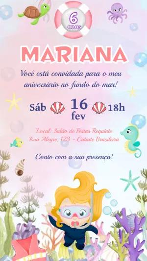 Convite Aniversário Fundo do Mar com Menina para Editar Online