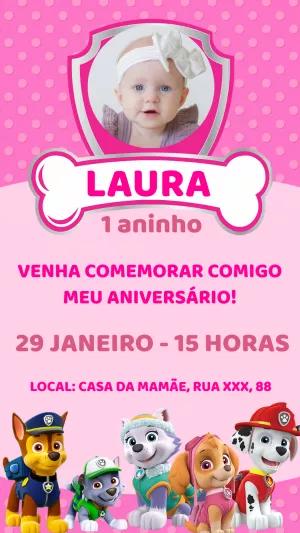 Convite Aniversário Patrulha Canina Rosa com Foto para Editar