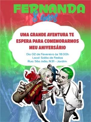 Convite Aniversário Arlequina e Coringa para Editar Online
