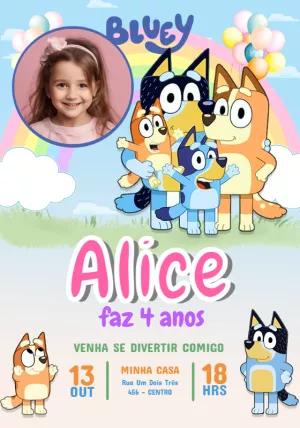 Convite Aniversário Bluey Menina com Foto para Editar Online