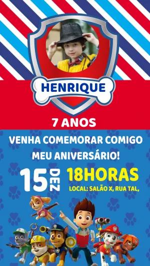 Convite de Aniversário Patrulha Canina com Foto para Editar