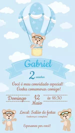 Convite Aniversário Ursinho Aviador Balão para Editar Online