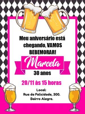 Convite de Aniversário Boteco Rosa com Chopp para Editar Online