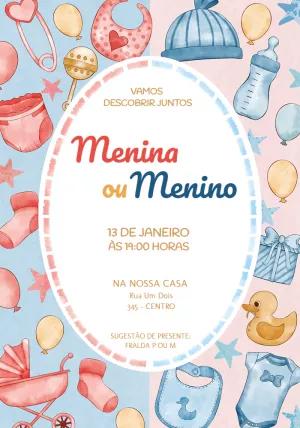 Convite Chá Revelação Aquarela com Ícones de Bebê para Editar