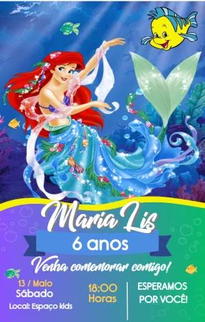 Convite de Aniversário Ariel Pequena Sereia para Editar