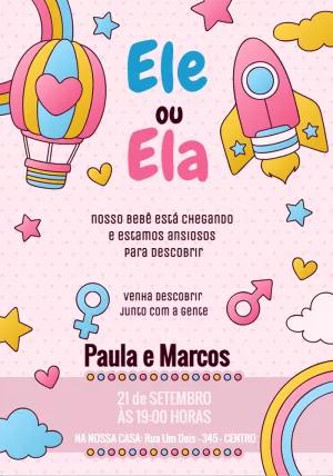Convite Chá Revelação Foguete e Balão para Editar Online