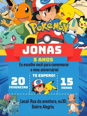 Convite de Aniversário Pokémon com Personagens para Editar Online