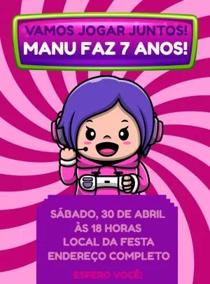 Convite de Aniversário Gamer Menina para Editar Online