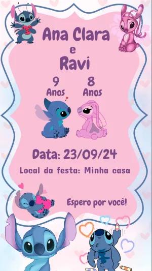 Convite Aniversário Stitch e Angel para Editar Online