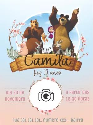 Convite Aniversário Masha e o Urso com Foto para Editar