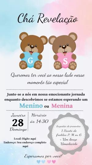 Convite Chá Revelação Ursinhos Fofos para Editar Online