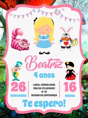 Convite Aniversário Alice no País das Maravilhas para Editar