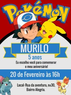 Convite de Aniversário Pokémon com Ash e Pikachu para Editar
