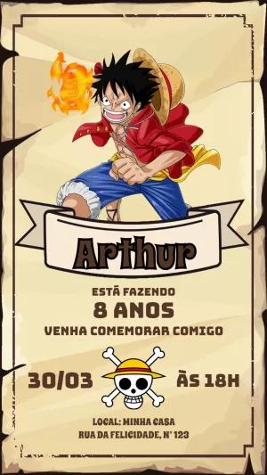 Convite Aniversário One Piece com Luffy para Editar Online