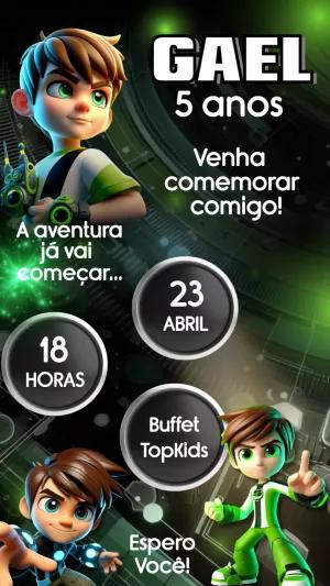 Convite de Aniversário Ben 10 com Personagens para Editar