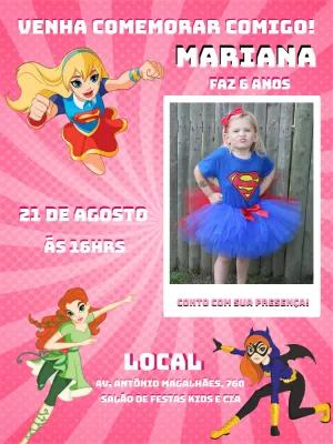 Convite Aniversário Super Hero Girls com Foto para Editar