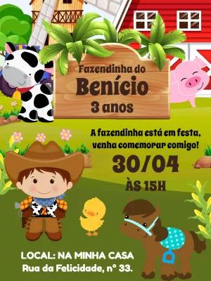 Convite Aniversário Fazendinha com Animais para Editar Online