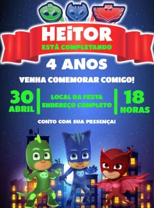 Convite de Aniversário PJ Masks para Editar e Imprimir Online