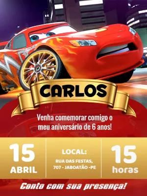 Convite Aniversário Carros do Relâmpago McQueen Editável Online