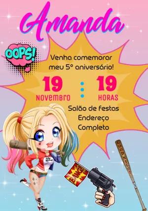 Convite Aniversário Arlequina para Editar Online e Imprimir