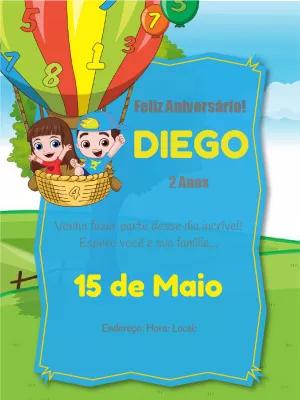 Convite de Aniversário Balão com Personagens para Editar Online