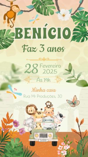 Convite Aniversário Safari com Animais Fofos para Editar Online