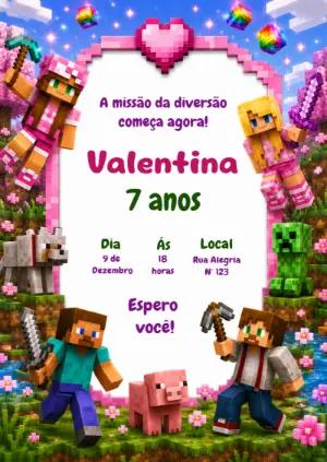 Convite de Aniversário Minecraft Menina Rosa para Editar