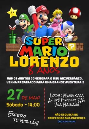Convite de Aniversário Super Mario com Personagens para Editar