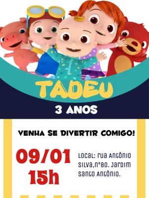 Convite de Aniversário Cocomelon com Personagens para Editar