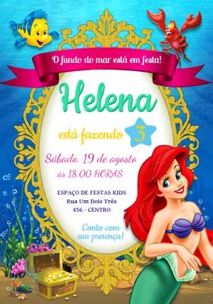Convite de Aniversário A Pequena Sereia com Ariel para Editar