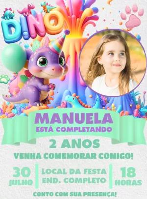 Convite Aniversário Dinossauro com Foto para Editar Online