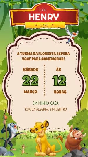 Convite Aniversário Rei Leão com Personagens para Editar Online