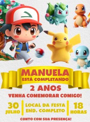 Convite Aniversário Pokémon Cute com Personagens para Editar